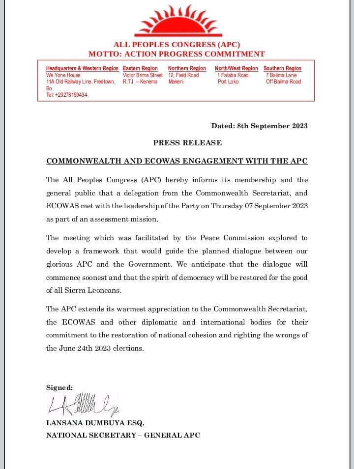 Apc Leadership And Slpp Government Commence Dialogue To End Political