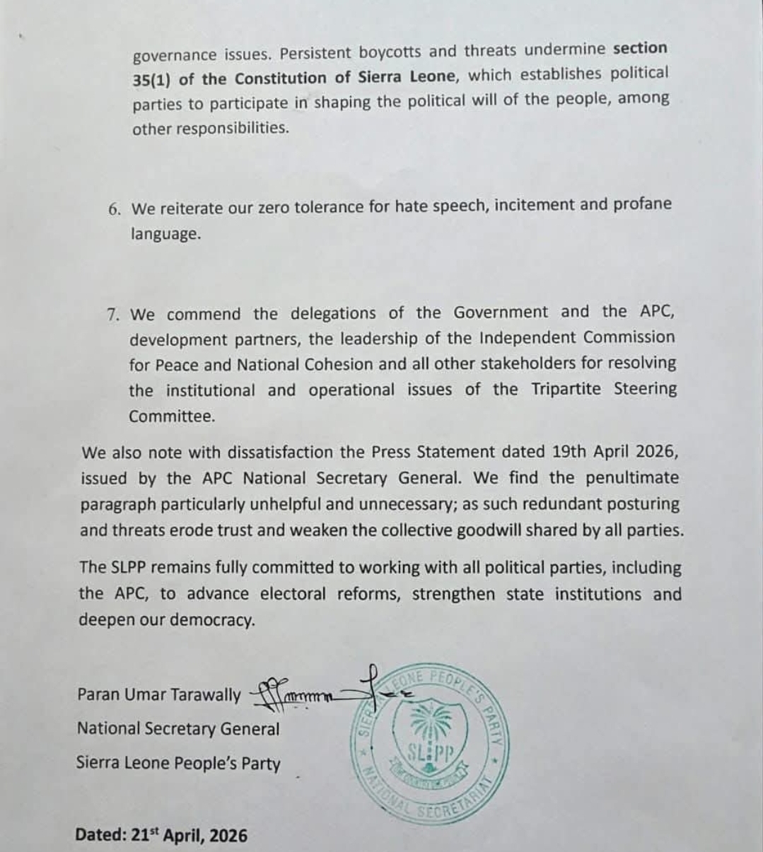 International community including UK and Germany call on Sierra Leone government and opposition to implement eight-point peace and unity agreement